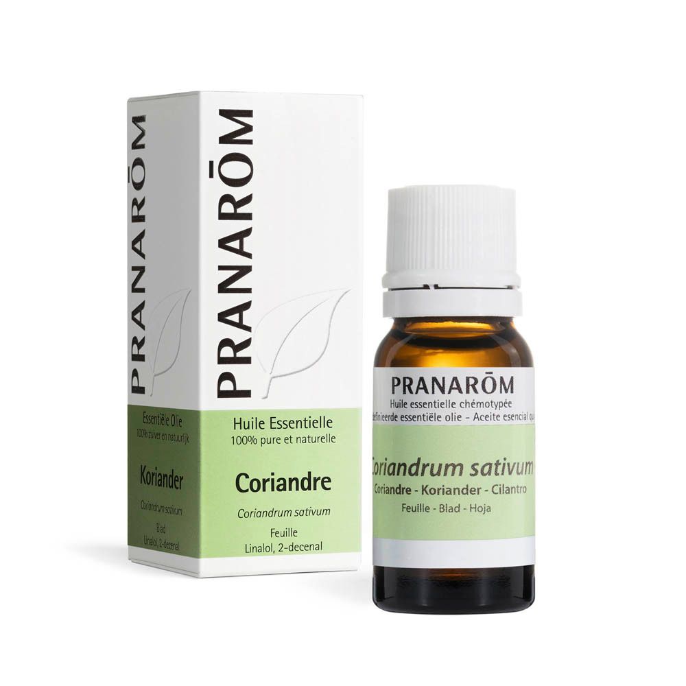 Flacon et emballage du produit. Boîte blanche avec nom du produit et marque Pranarom. Flacon à côté.