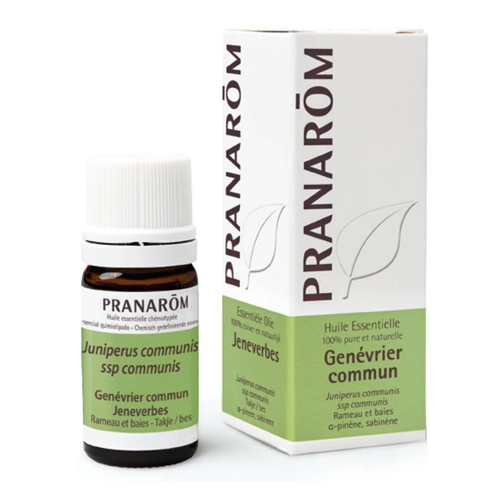 Emballage et flacon. Sur l'emballage, PRANAROM et Genévrier commun. Flacon avec bouchon blanc.