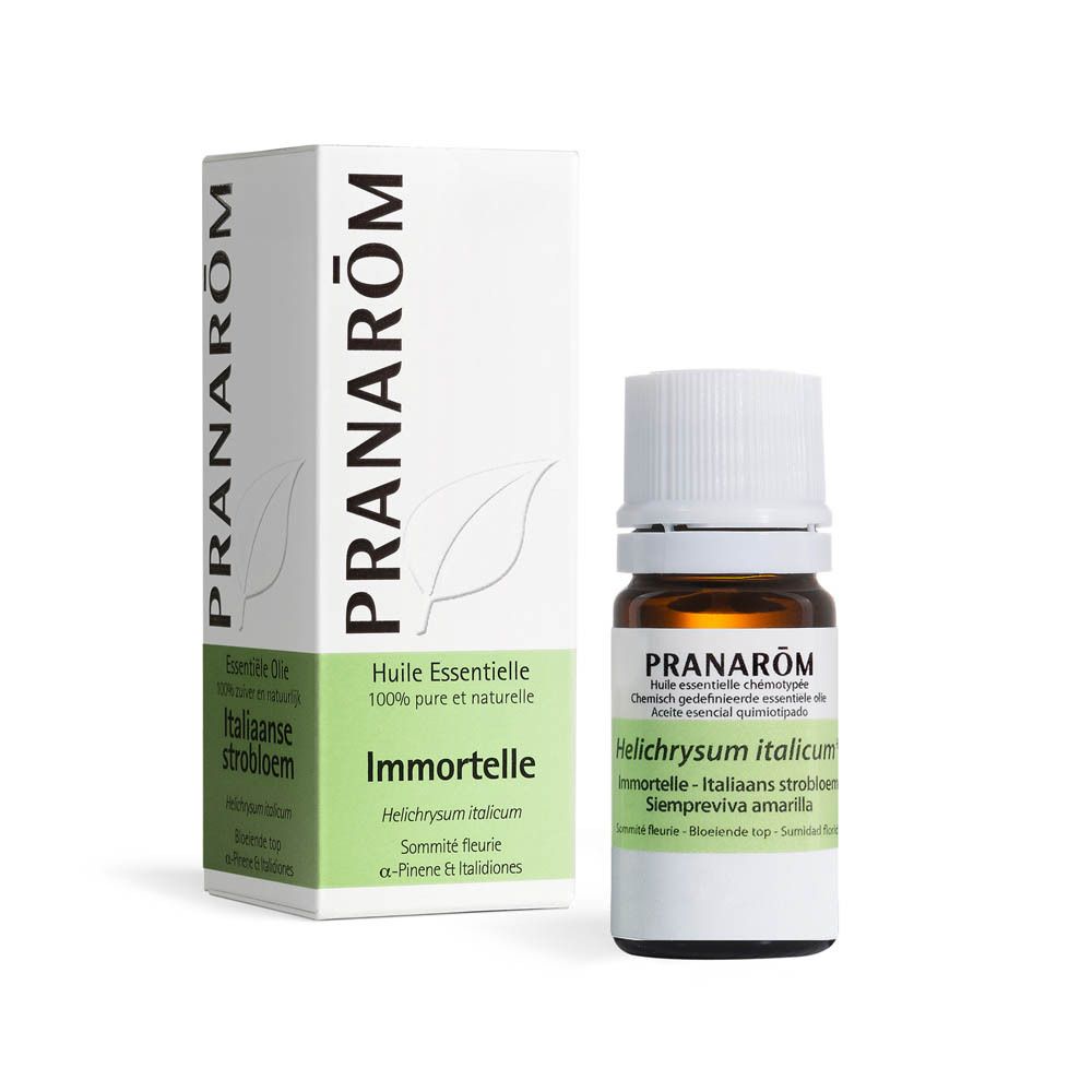 Flacon en verre brun, bouchon blanc, emballage vert. Inscription: PRANAROM, Helichrysum italicum ssp serotinum.