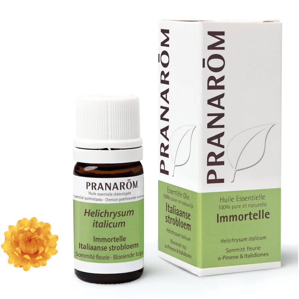 Flacon en verre brun avec bouchon blanc et étiquette verte. Boîte avec logo PRANAROM et informations produit.