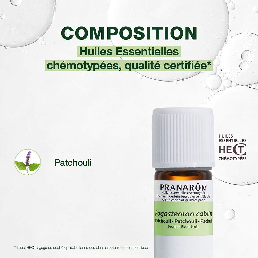 Flacon d'huile essentielle Pranarom Patchouli. Texte: Composition, Huiles Essentielles chémotypées, qualité certifiée.