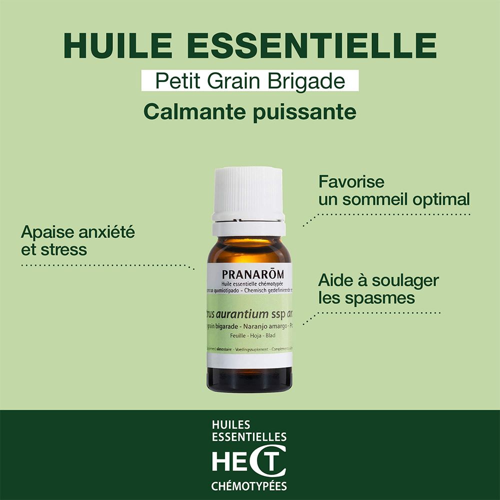 Panneau publicitaire avec flacon. Texte : Huile essentielle, Petit Grain Bigarade. Calmant puissant. Apaise anxiété.