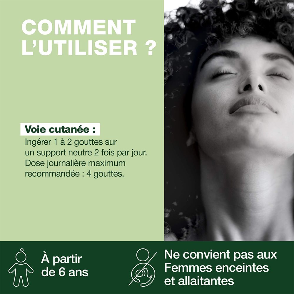 Femme aux yeux fermés. Texte : Comment utiliser : 1-2 gouttes sur support neutre. Ne convient pas aux femmes enceintes.