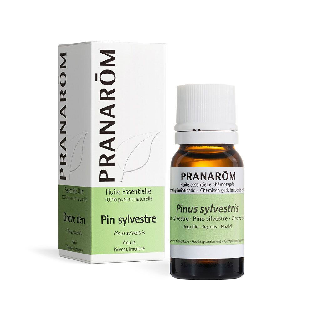 Flacon en verre brun avec bouchon blanc et étiquette verte. PRANAROM et Pinus sylvestris sur l'étiquette.