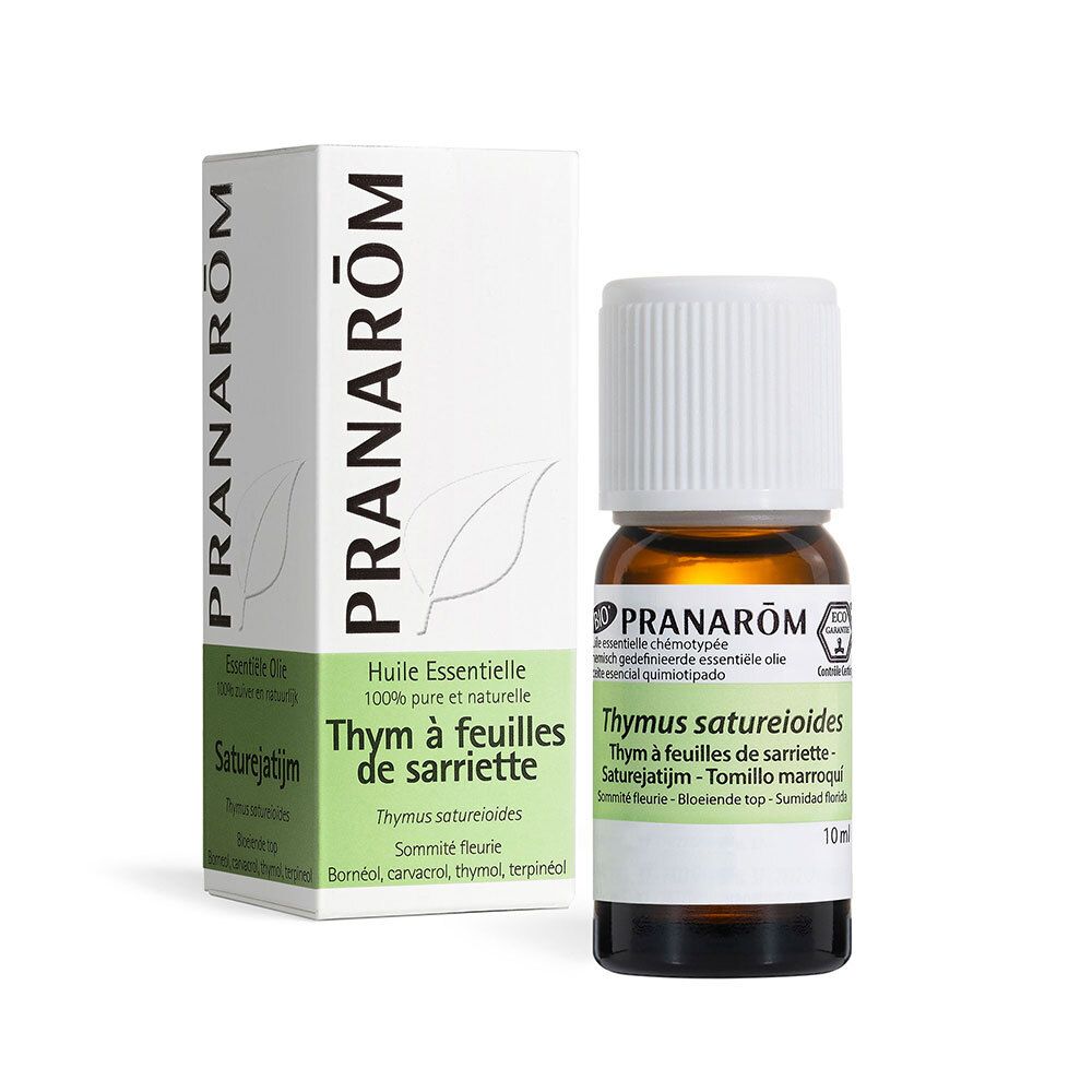 Flacon et boîte d'huile essentielle. Inscription: PRANAROM, Thym à feuilles de sarriette. 10 ml.