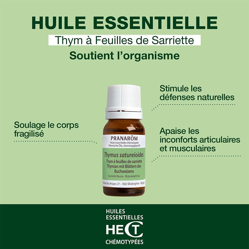 Image publicitaire avec flacon d'huile essentielle. Texte: Thym à feuilles de sarriette, soutient l'organisme.