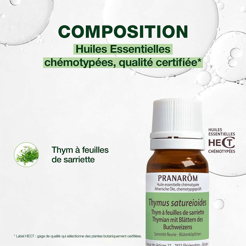 Image publicitaire avec flacon d'huile essentielle. Texte: Composition, Thym à feuilles de sarriette.