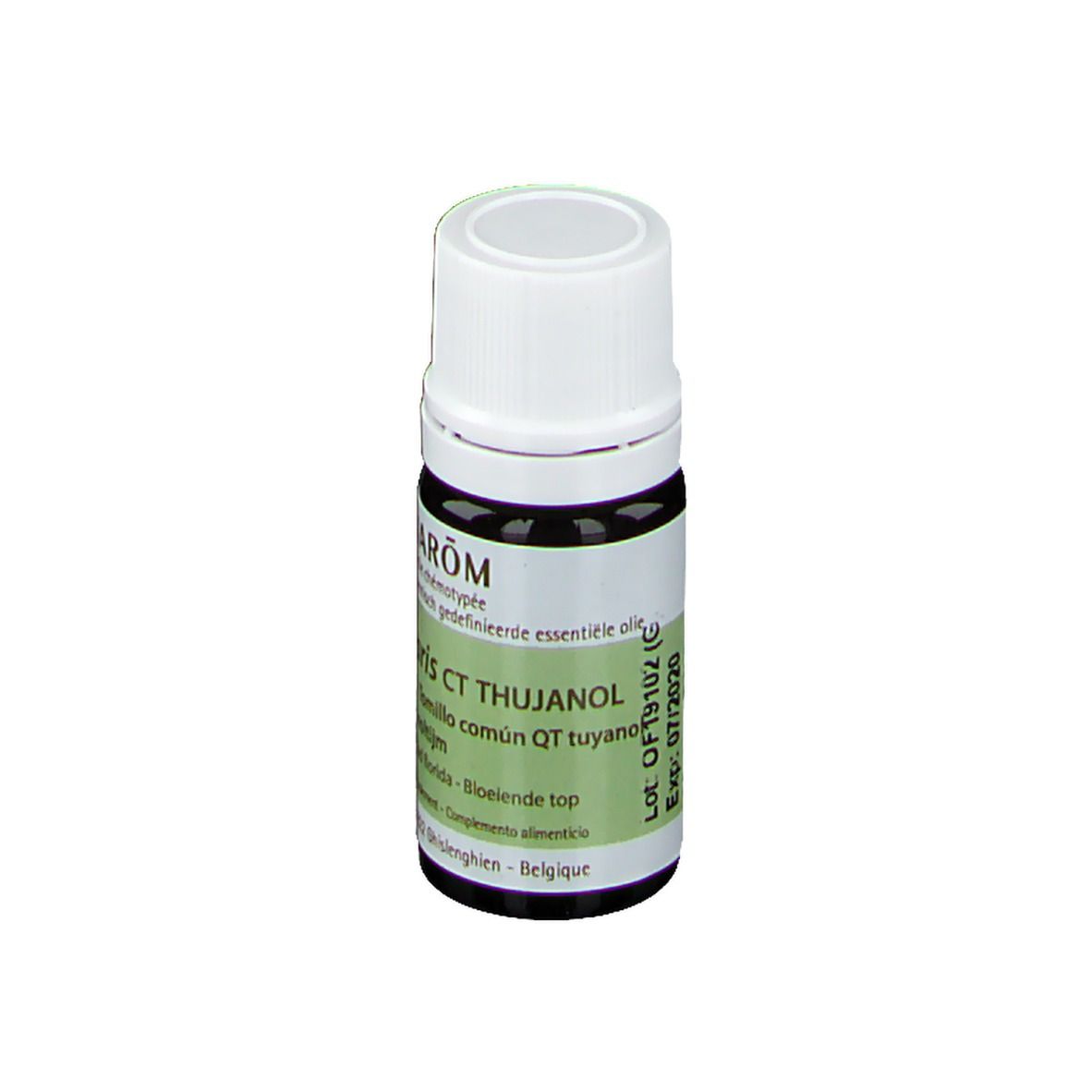 Flacon en verre brun avec bouchon blanc. Étiquette avec informations produit. Marque : Pranarom. Texte : Thymus vulgaris CT Thujanol. Date de péremption.