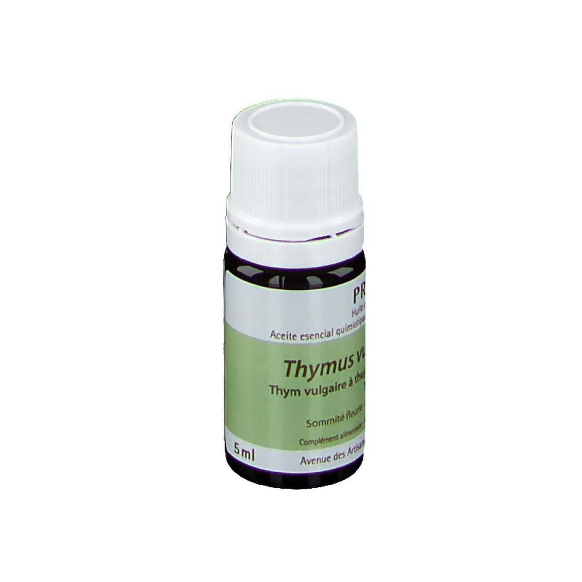 Flacon en verre brun avec bouchon blanc. Étiquette avec informations produit. Texte : 5 ml. Thymus vulgaris. Avenue des Artisans.