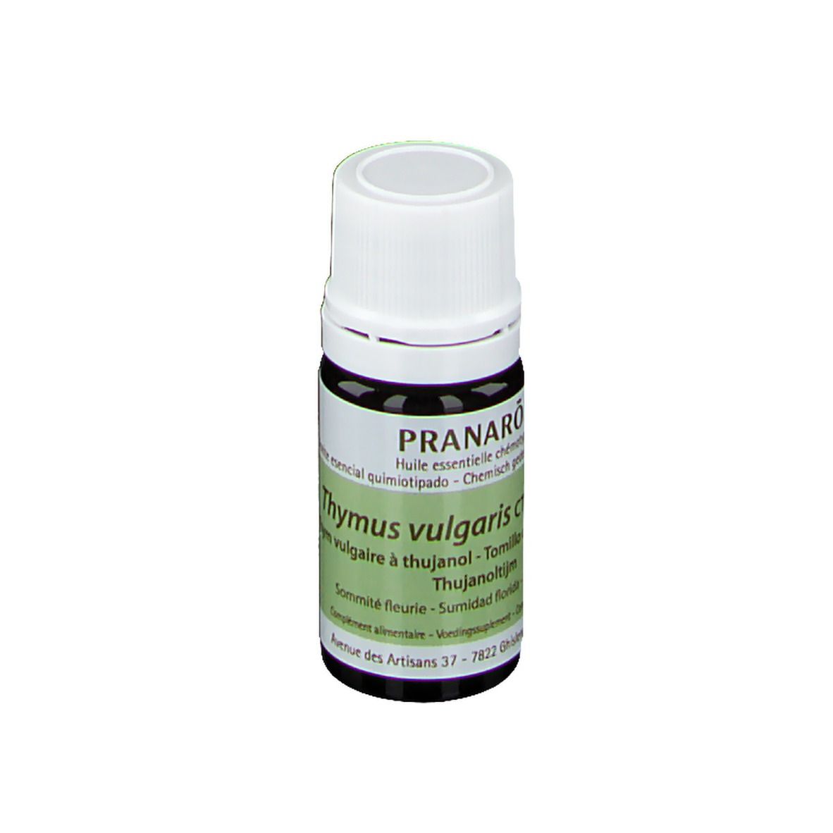 Flacon en verre brun avec bouchon blanc. Étiquette avec informations produit. Marque : Pranarom. Texte : Thymus vulgaris CT Thujanol. 5 ml.