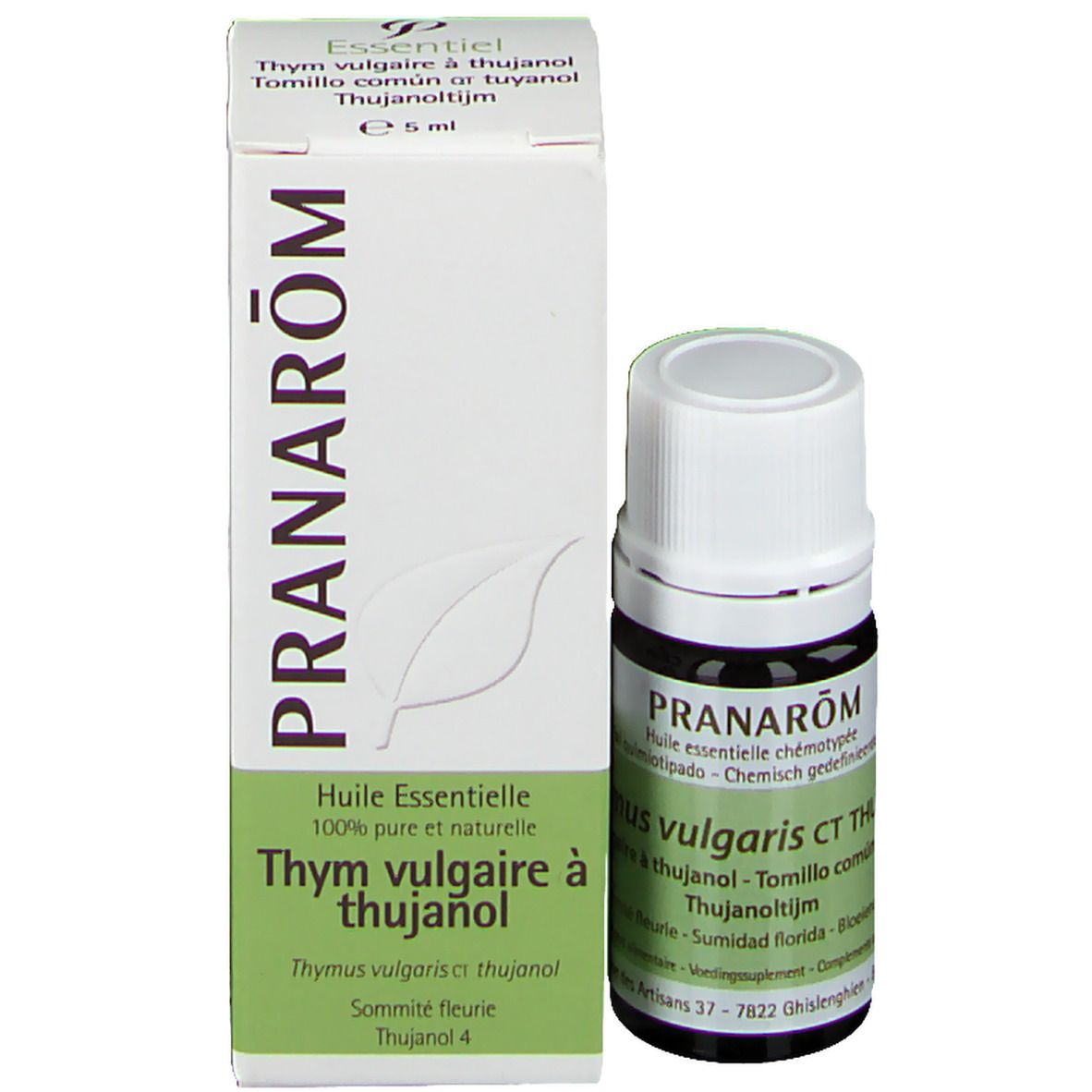 Emballage du produit : boîte avec flacon en verre brun. Marque : Pranarom. Texte : Huile Essentielle. Thymus vulgaris à thujanol. 5 ml.