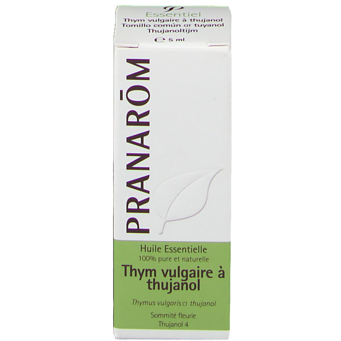 Emballage du produit : boîte avec texte et logo. Marque : Pranarom. Texte : Huile Essentielle. Thymus vulgaris à thujanol. 5 ml.
