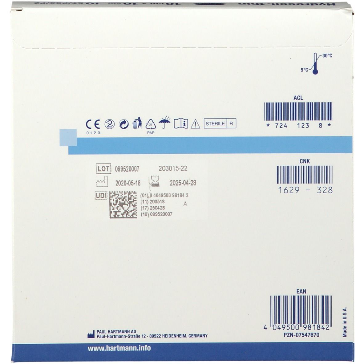 Dos de l'emballage Hydrocoll® Thin. Contient numéro de lot, date d'expiration, codes-barres et informations fabricant.