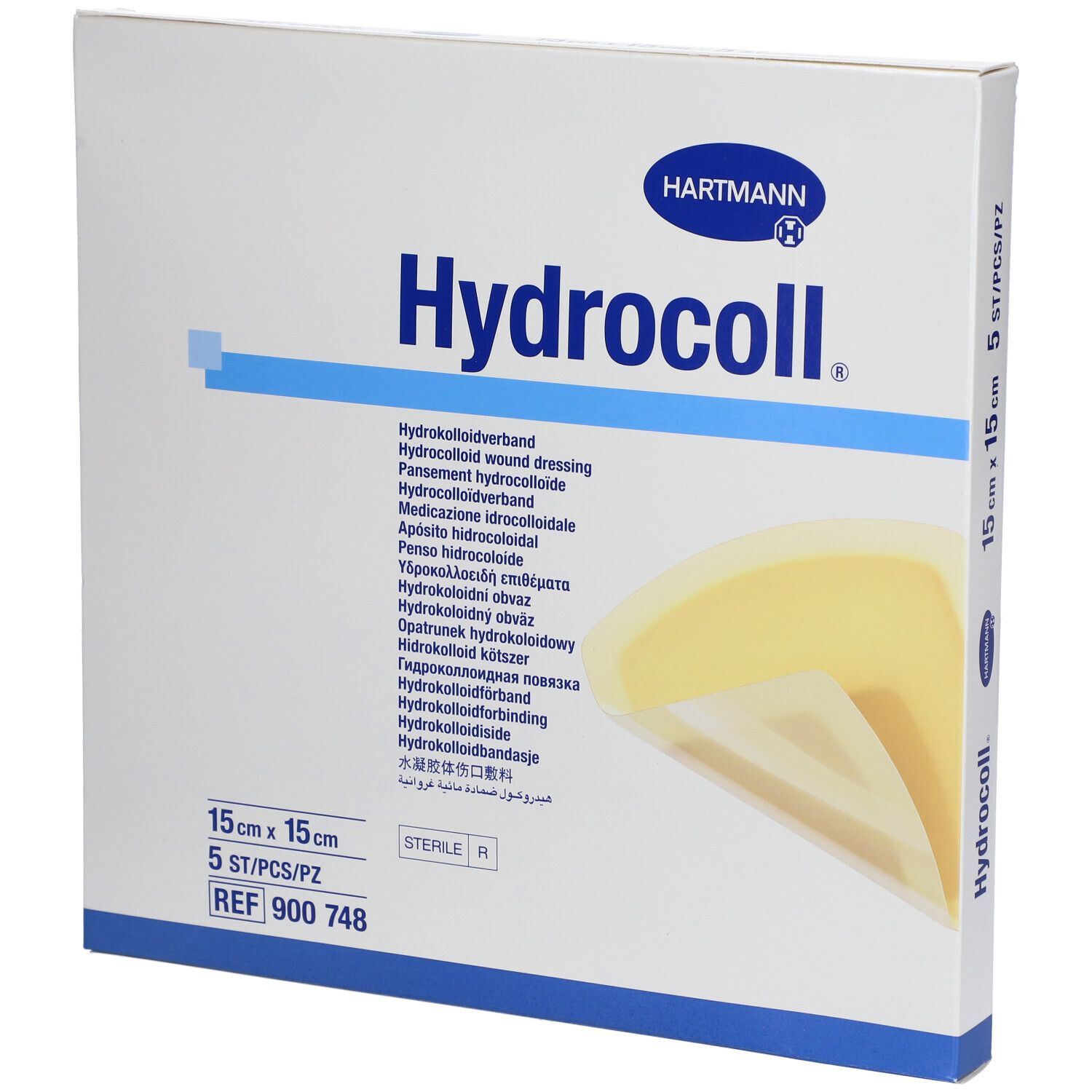 Boîte HARTMANN Hydrocoll, 15 x 15 cm, 5 pièces. Nom du produit, dimensions et logo clairement visibles.