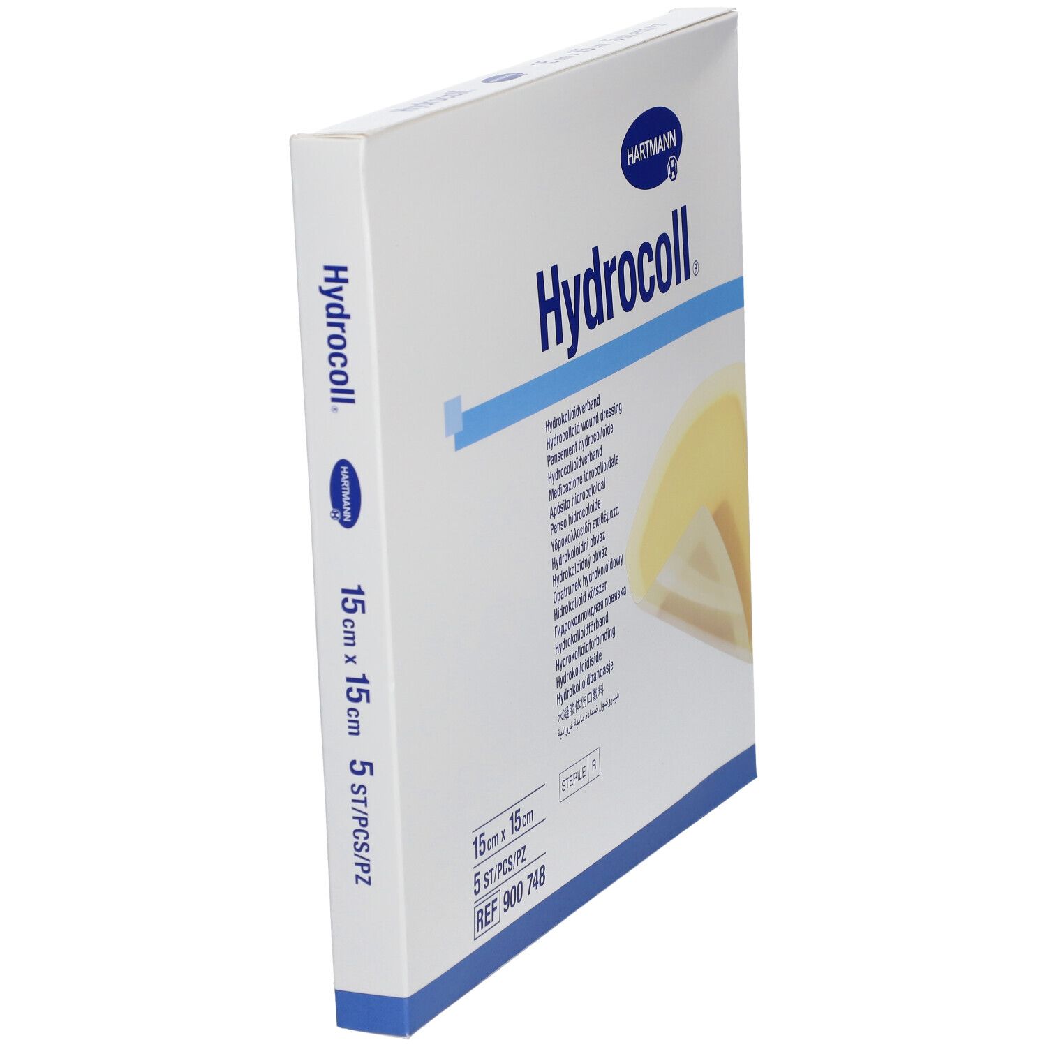 Boîte HARTMANN Hydrocoll, 15 x 15 cm, 5 pièces. Nom, dimensions et logo visibles.