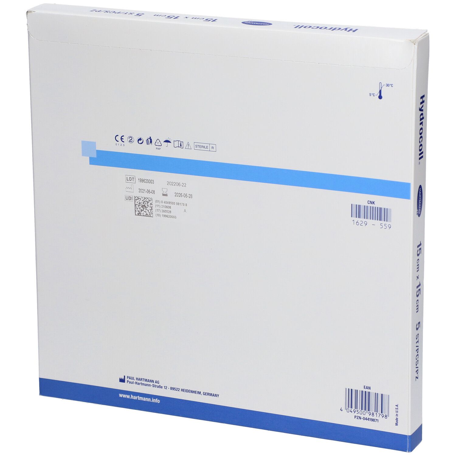 Dos de la boîte HARTMANN Hydrocoll. Informations sur le fabricant, le numéro de lot et la taille.