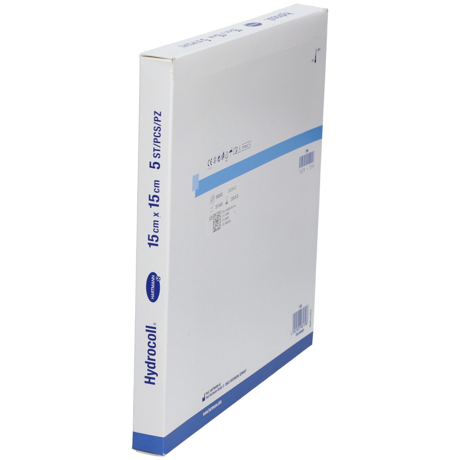 Boîte HARTMANN Hydrocoll, 15 x 15 cm, 5 pièces. Nom et dimensions du produit clairement visibles.