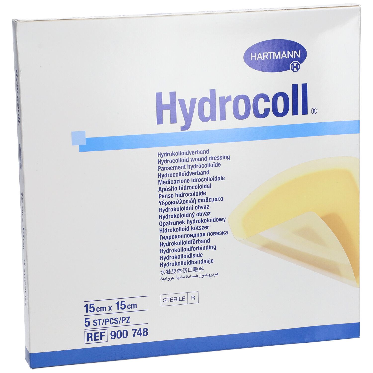 Boîte HARTMANN Hydrocoll, 15 x 15 cm, 5 pièces. Nom, dimensions et logo visibles.