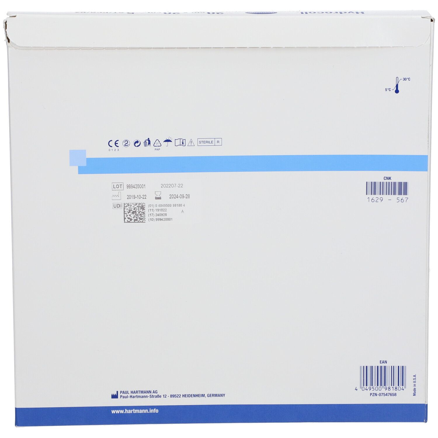 Dos de la boîte Hydrocoll. Numéro de lot, date de péremption, code EAN et informations fabricant. Marquage CE.