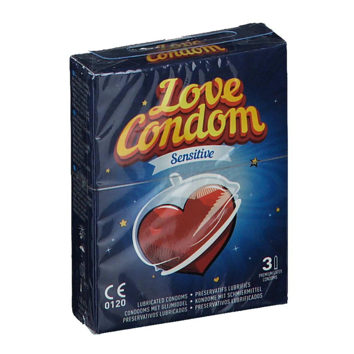 Boîte de préservatifs Love Condom Sensitive. Emballage bleu avec cœur rouge. Contient 30 préservatifs. Marquage CE.