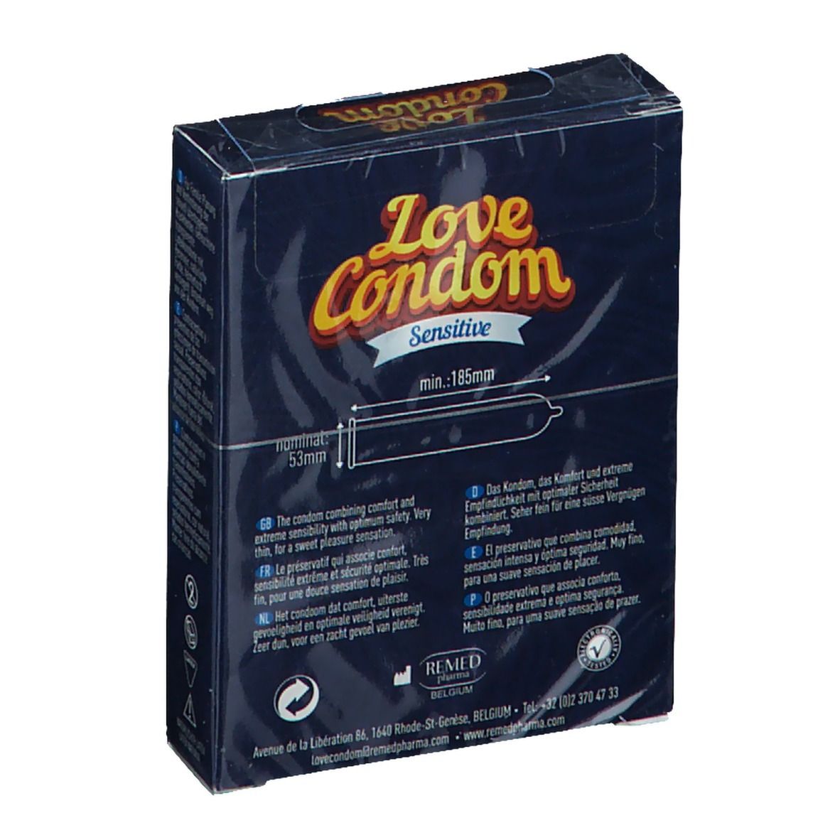 Dos de la boîte Love Condom Sensitive. Emballage bleu avec informations produit et illustration de préservatif.