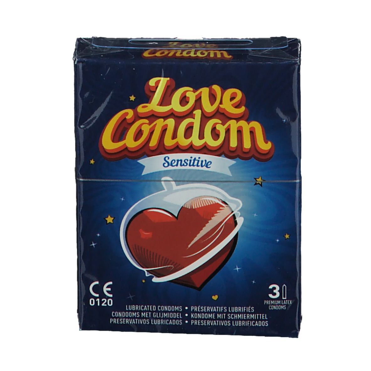 Face avant de la boîte Love Condom Sensitive. Emballage bleu avec cœur rouge. Contient 30 préservatifs. Marquage CE.