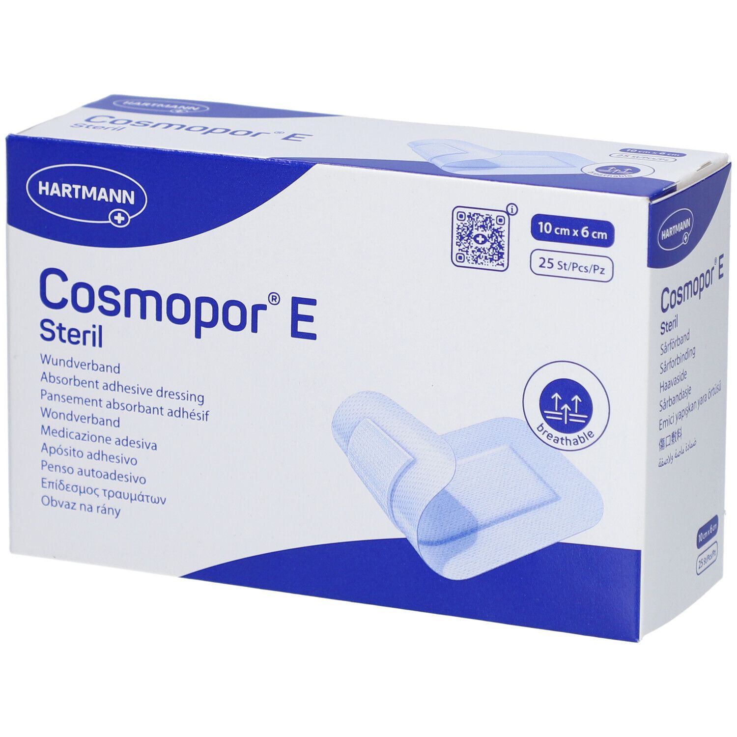Boîte de Cosmopor® E stérile. Pansement absorbant, 10 x 6 cm. Contient 25 pièces. Marque Hartmann.
