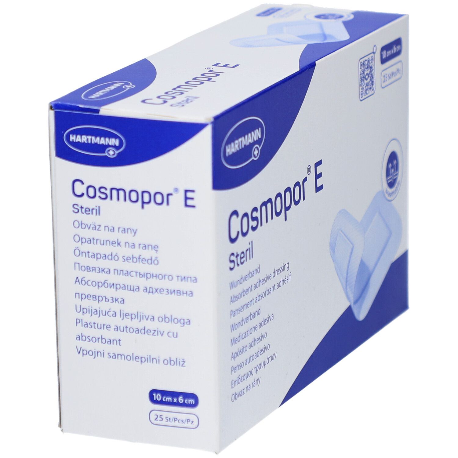 Boîte de Cosmopor® E stérile en biais. Pansement absorbant, 10 x 6 cm. 25 pièces. Marque Hartmann.