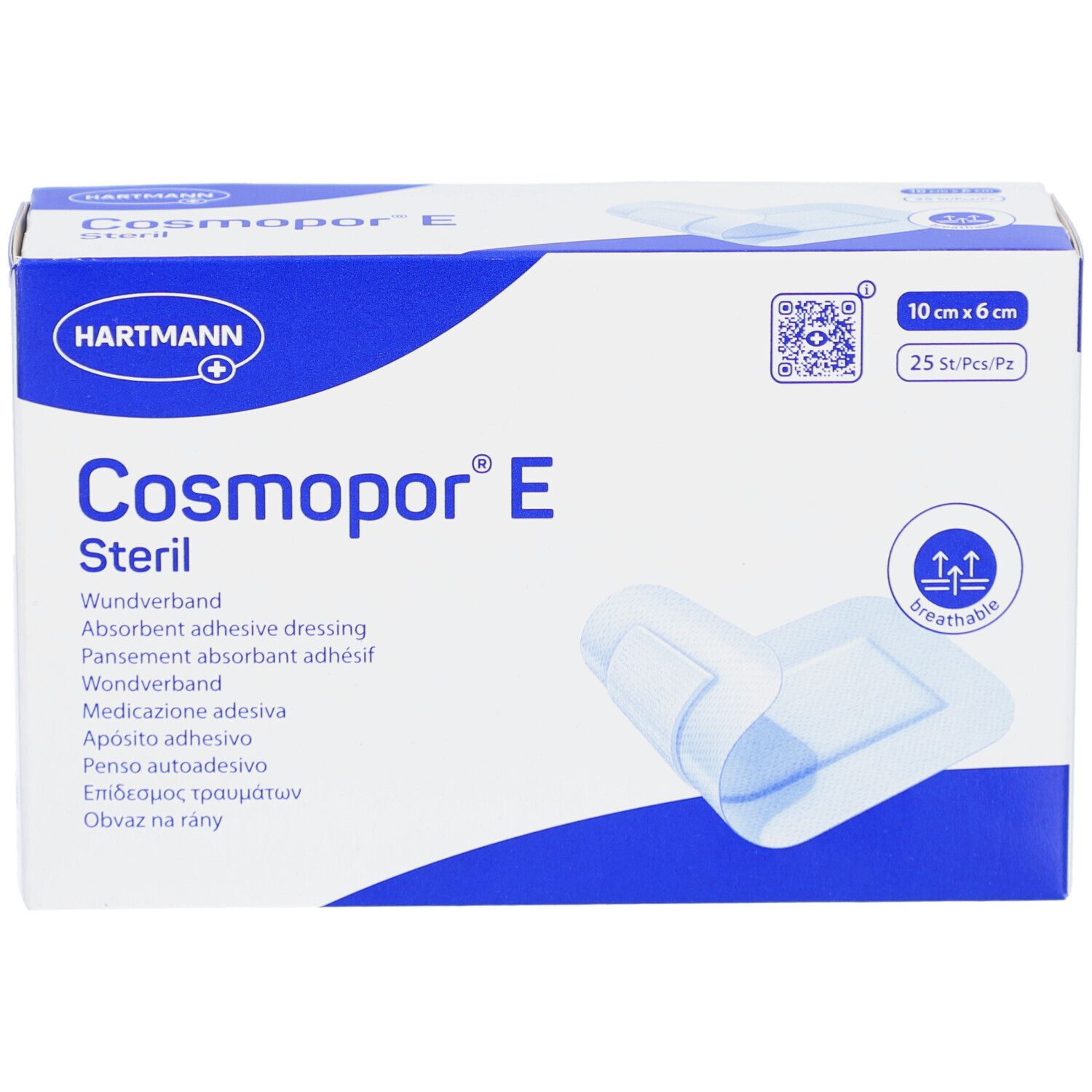 Boîte de Cosmopor® E stérile. Pansement absorbant, 10 x 6 cm. 25 pièces. Marque Hartmann.
