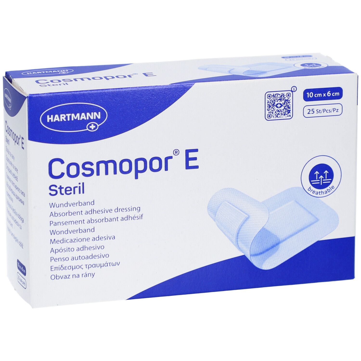 Boîte de Cosmopor® E stérile. Pansement absorbant, 10 x 6 cm. 25 pièces. Marque Hartmann.