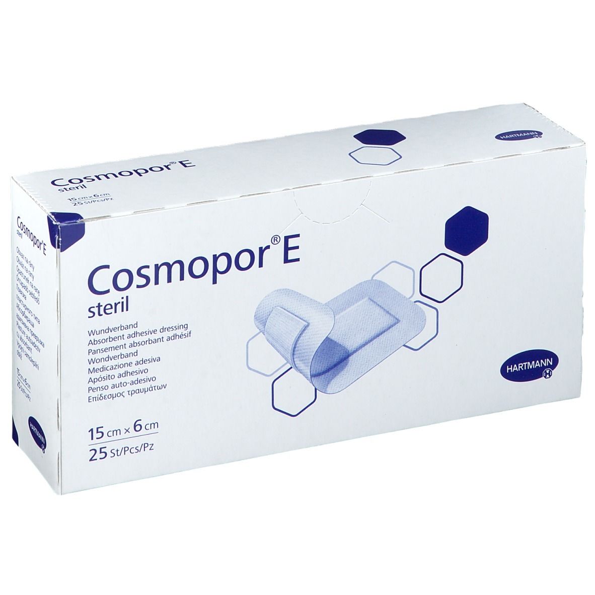 Boîte Cosmopor E stérile. Inscription : Pansement adhésif absorbant, 15 cm x 6 cm, 25 pièces. Logo Hartmann.