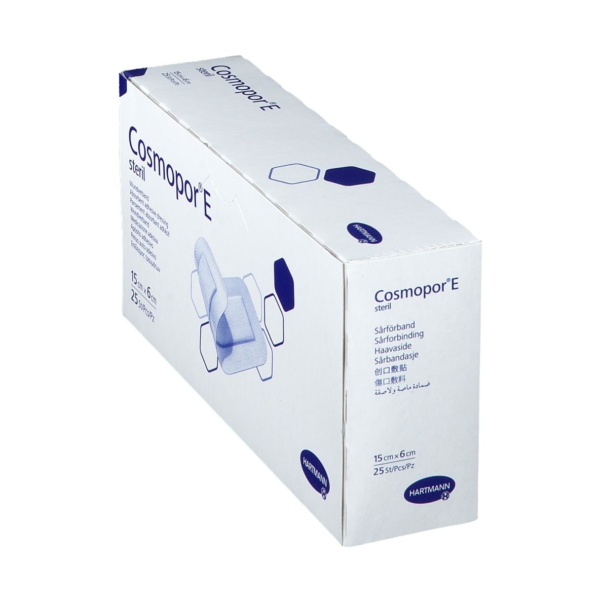Boîte Cosmopor E stérile en biais. Inscription : Pansement adhésif absorbant, 15 cm x 6 cm, 25 pièces. Logo Hartmann.