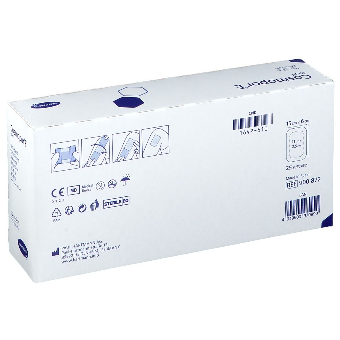 Dos de la boîte Cosmopor E stérile. Inscription : 15 cm x 6 cm, 25 pièces, marquage CE, symbole MD.