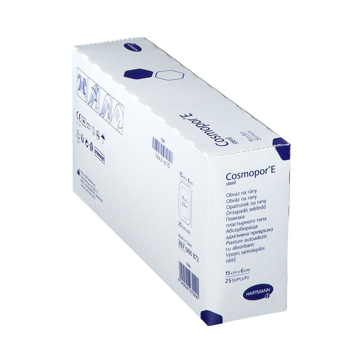 Boîte Cosmopor E stérile en biais. Inscription : 15 cm x 6 cm, 25 pièces, Logo Hartmann.