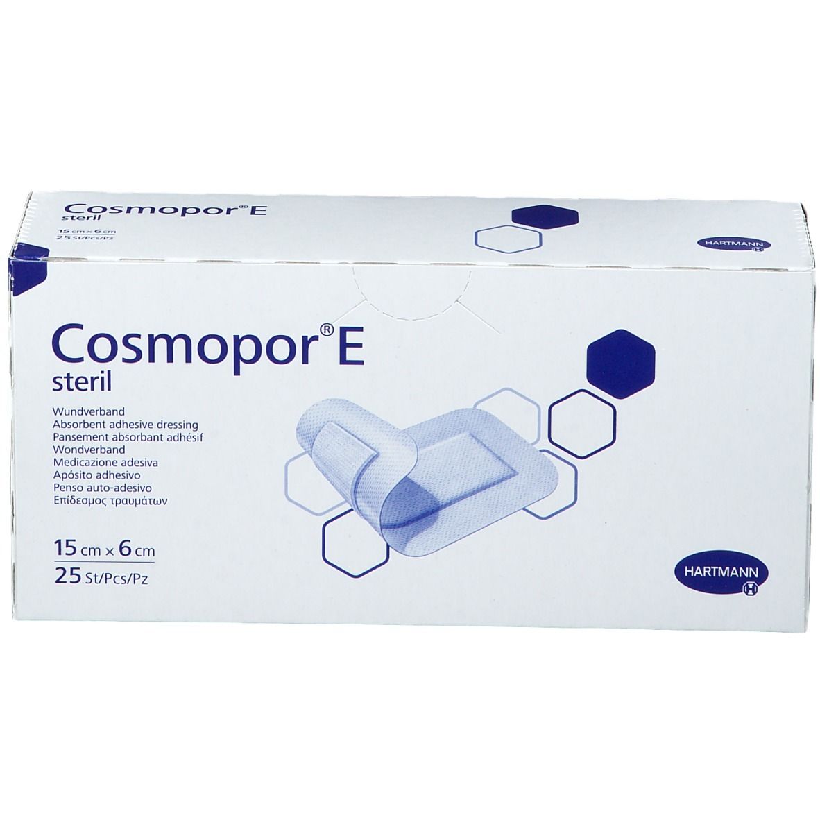 Boîte Cosmopor E stérile. Inscription : Pansement adhésif absorbant, 15 cm x 6 cm, 25 pièces. Logo Hartmann.