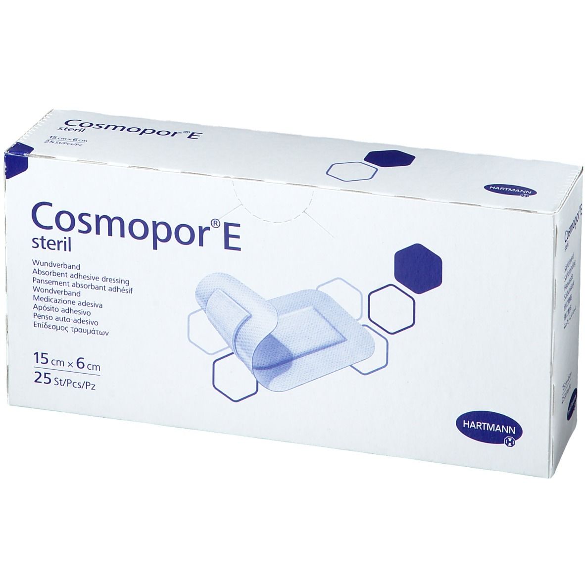 Boîte Cosmopor E stérile. Inscription : Pansement adhésif absorbant, 15 cm x 6 cm, 25 pièces. Logo Hartmann.