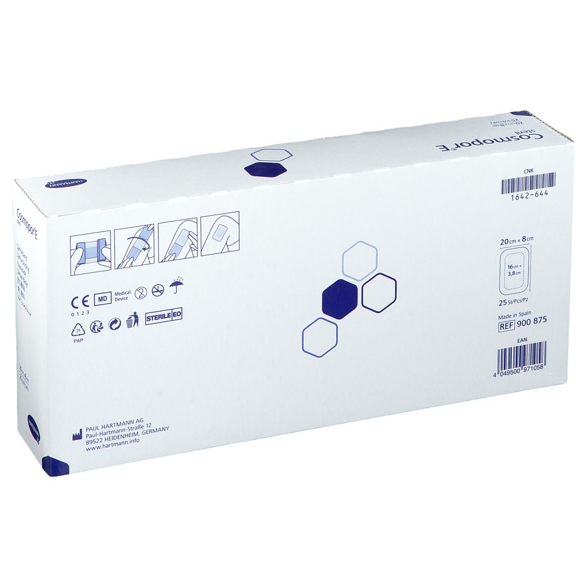 Dos de la boîte de Cosmopor E stérile. Boîte blanche avec informations sur le produit, marquage CE et logo Hartmann.