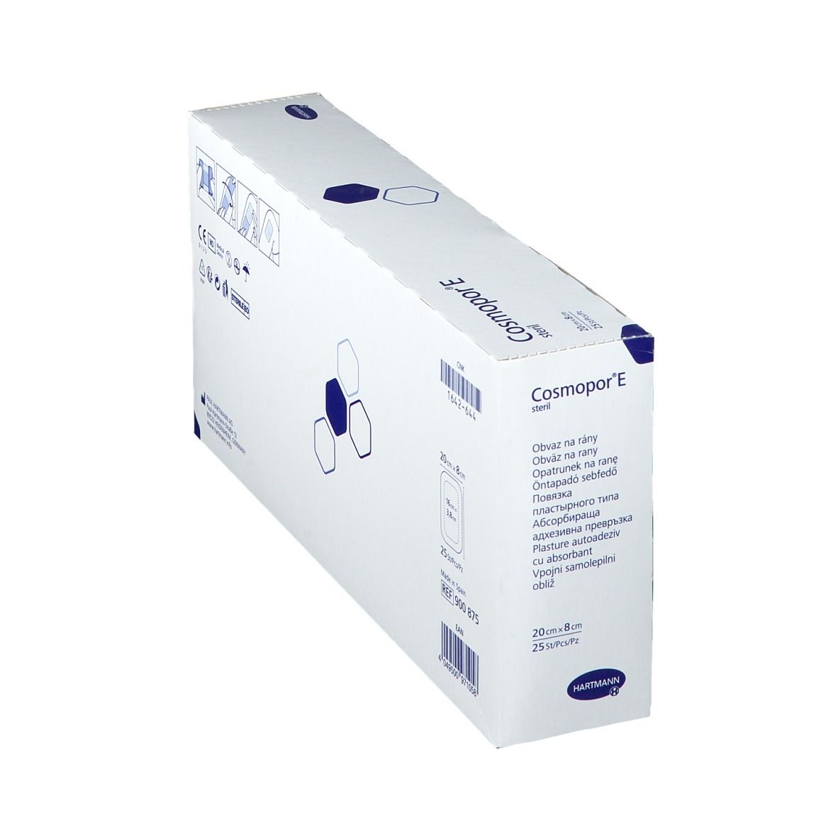 Boîte de Cosmopor E stérile en biais. Boîte blanche avec informations sur le produit, marquage CE et logo Hartmann.
