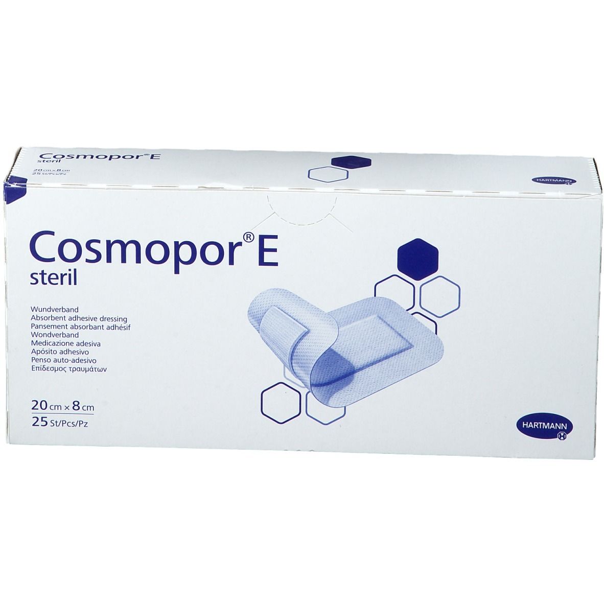 Boîte de pansements Cosmopor E stériles. Boîte blanche avec nom du produit, illustration du pansement et logo Hartmann.
