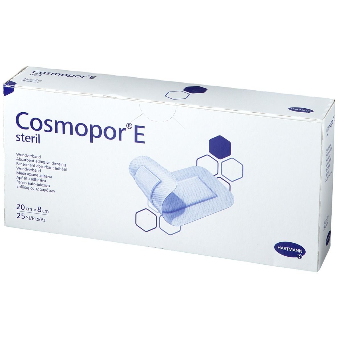 Boîte de pansements Cosmopor E stériles. Boîte blanche avec nom du produit, illustration du pansement et logo Hartmann.