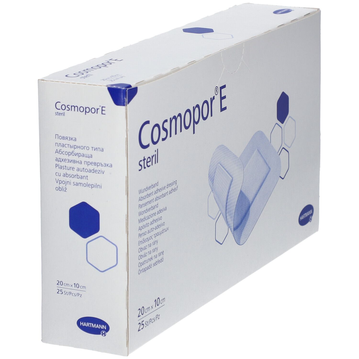 Boîte de Cosmopor® E stérile en biais. Contient 25 pansements stériles, 20 x 10 cm. Marque Hartmann.