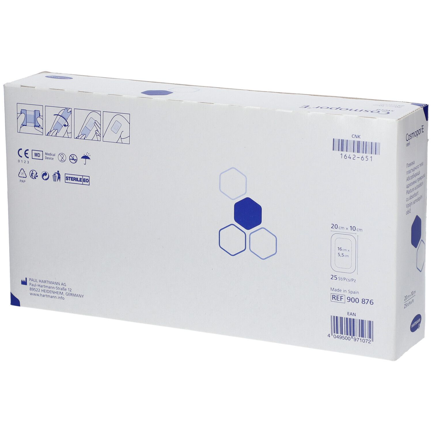 Dos de la boîte de Cosmopor® E stérile. Contient 25 pansements stériles, 20 x 10 cm. Avec marquage CE.