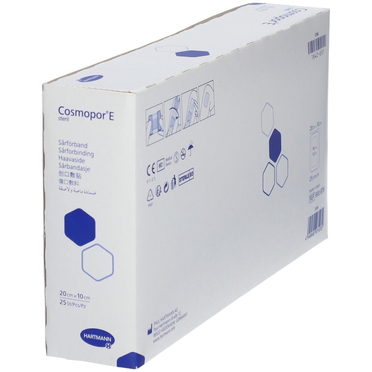 Boîte de Cosmopor® E stérile en biais. Contient 25 pansements stériles, 20 x 10 cm. Marque Hartmann.