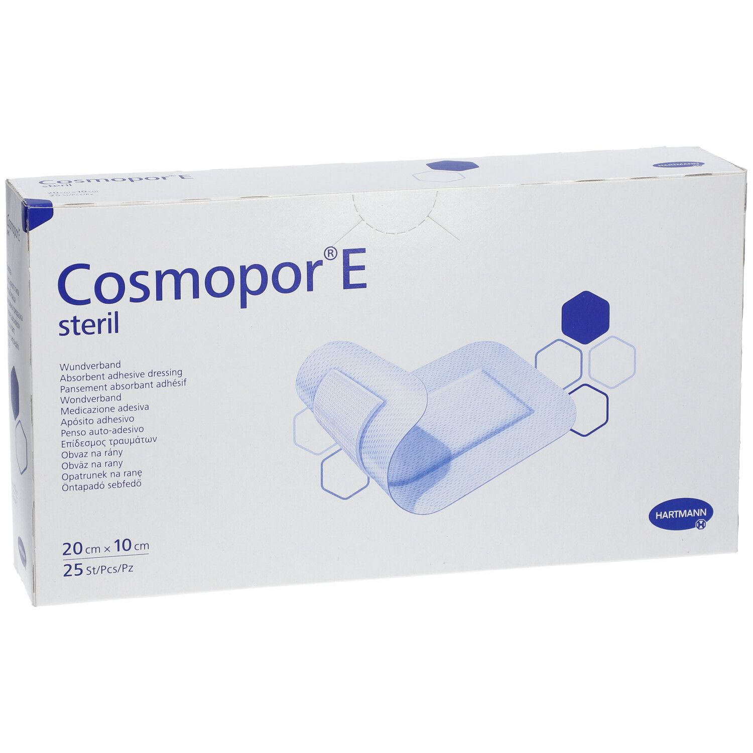 Boîte de Cosmopor® E stérile. Contient 25 pansements stériles, 20 x 10 cm. Marque Hartmann.