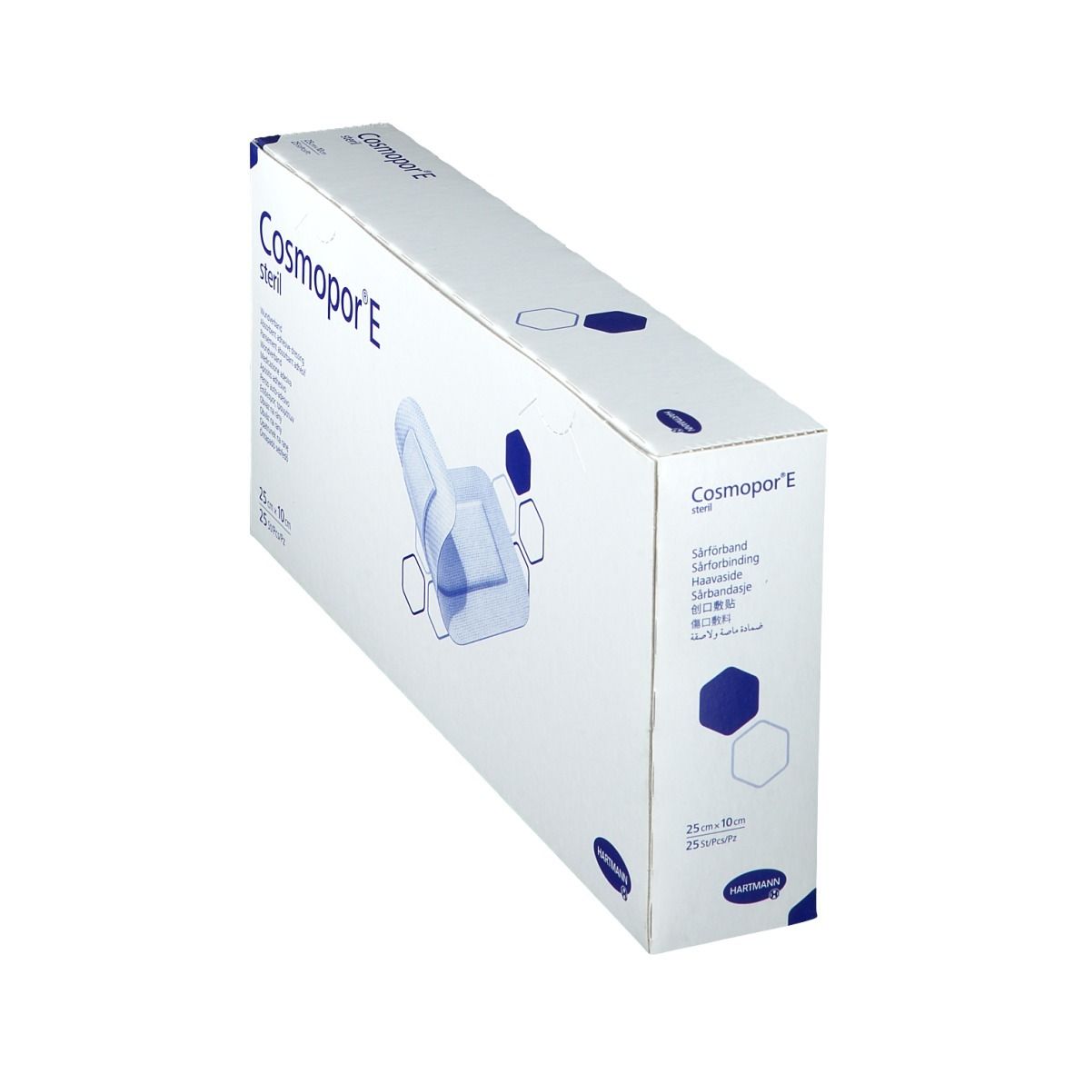 Boîte de Cosmopor® E stérile en biais. Image du produit et texte. Dimensions : 25 x 10 cm.
