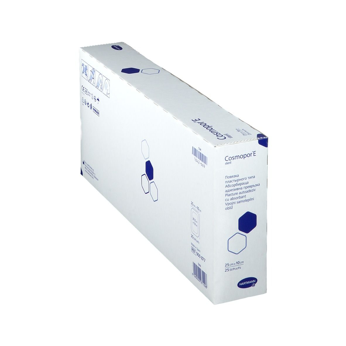 Boîte de Cosmopor® E stérile en biais. Texte et indication de taille : 25 x 10 cm, 25 unités.