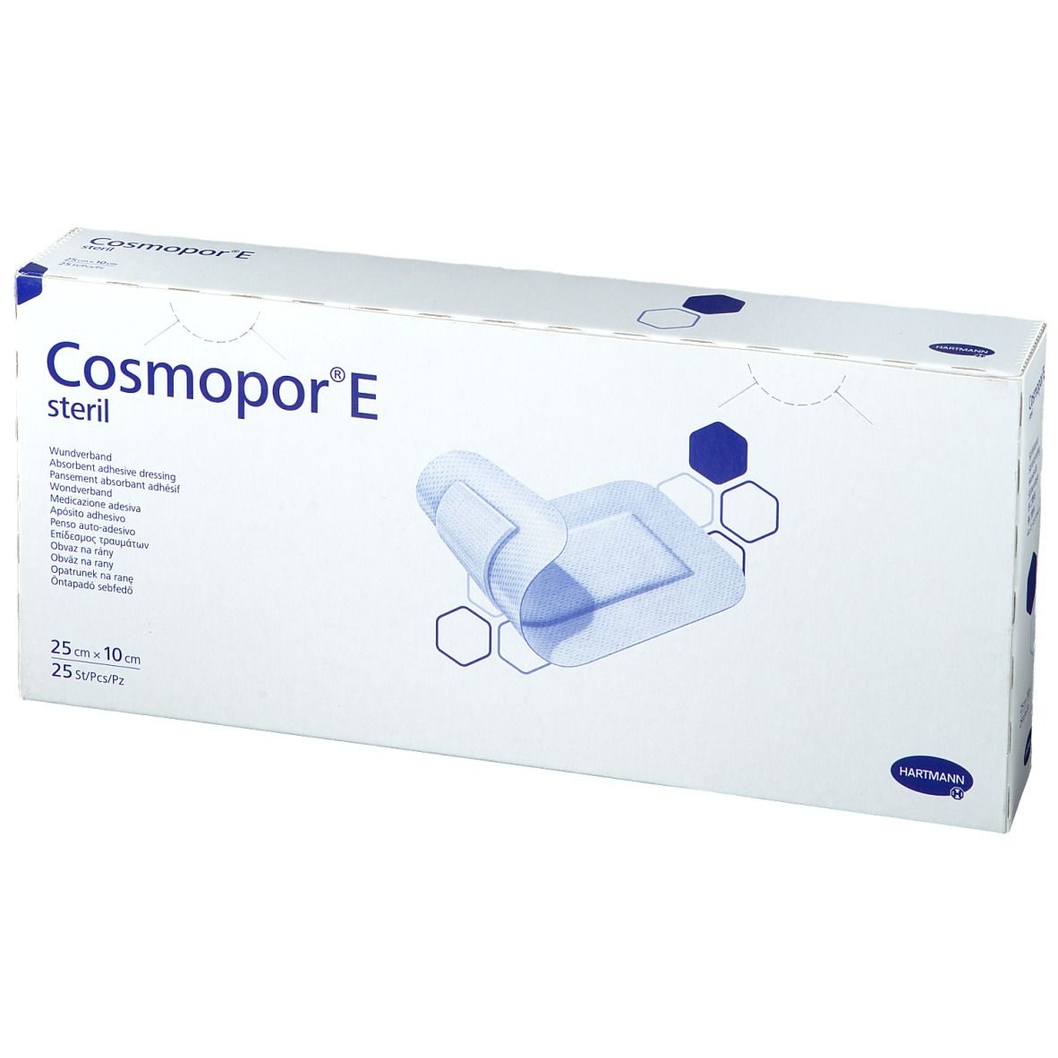Boîte de Cosmopor® E stérile. Image du produit et texte. Dimensions : 25 x 10 cm, 25 unités.