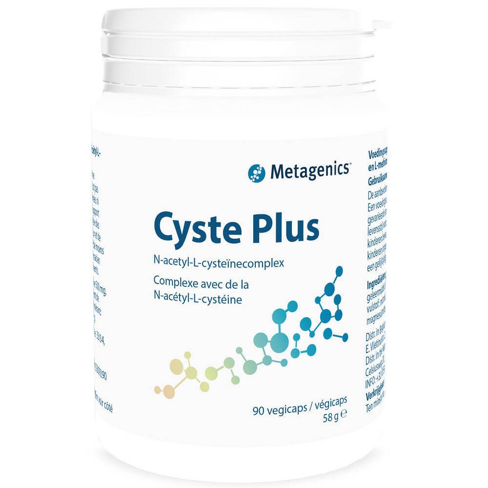 Flacon blanc Cyste Plus. Inscription: Metagenics, Cyste Plus, 90 gélules végétales, 58g.