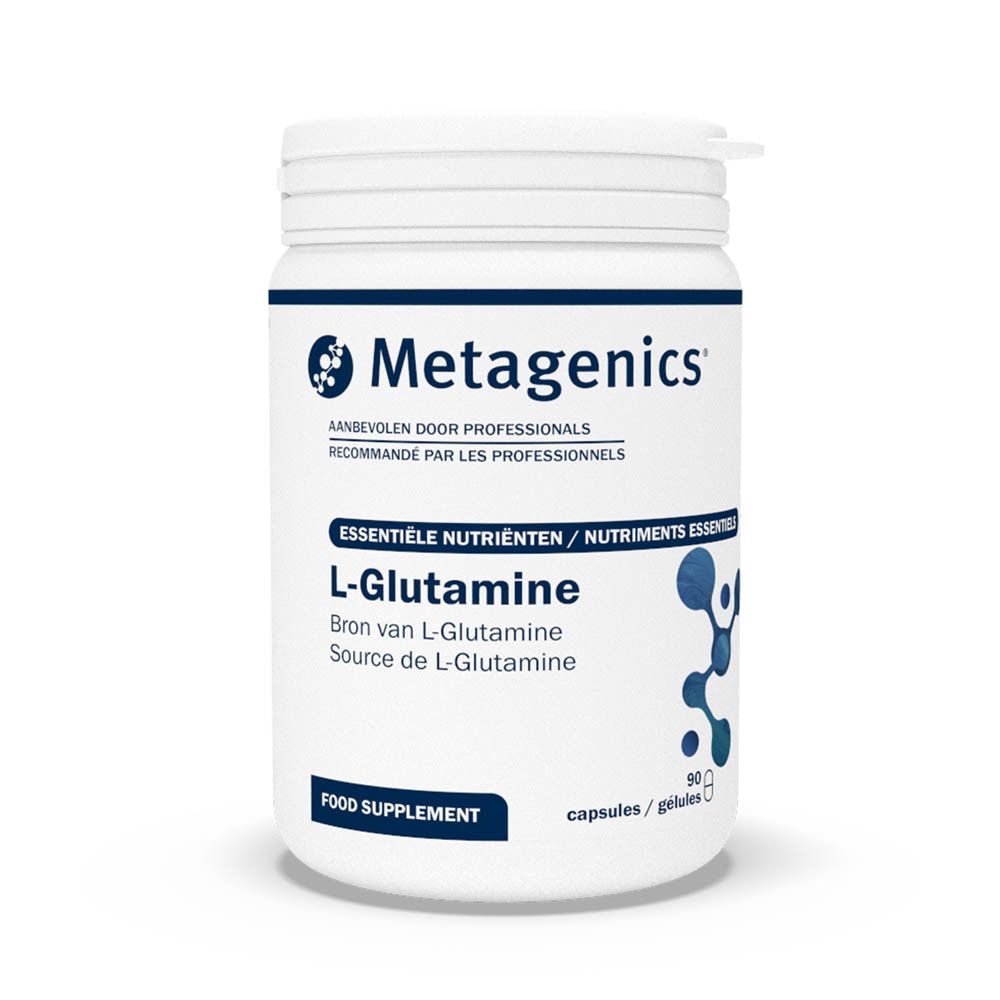 Boîte blanche avec L-Glutamine et logo Metagenics. 90 gélules. Graphique de molécules bleues et vertes.