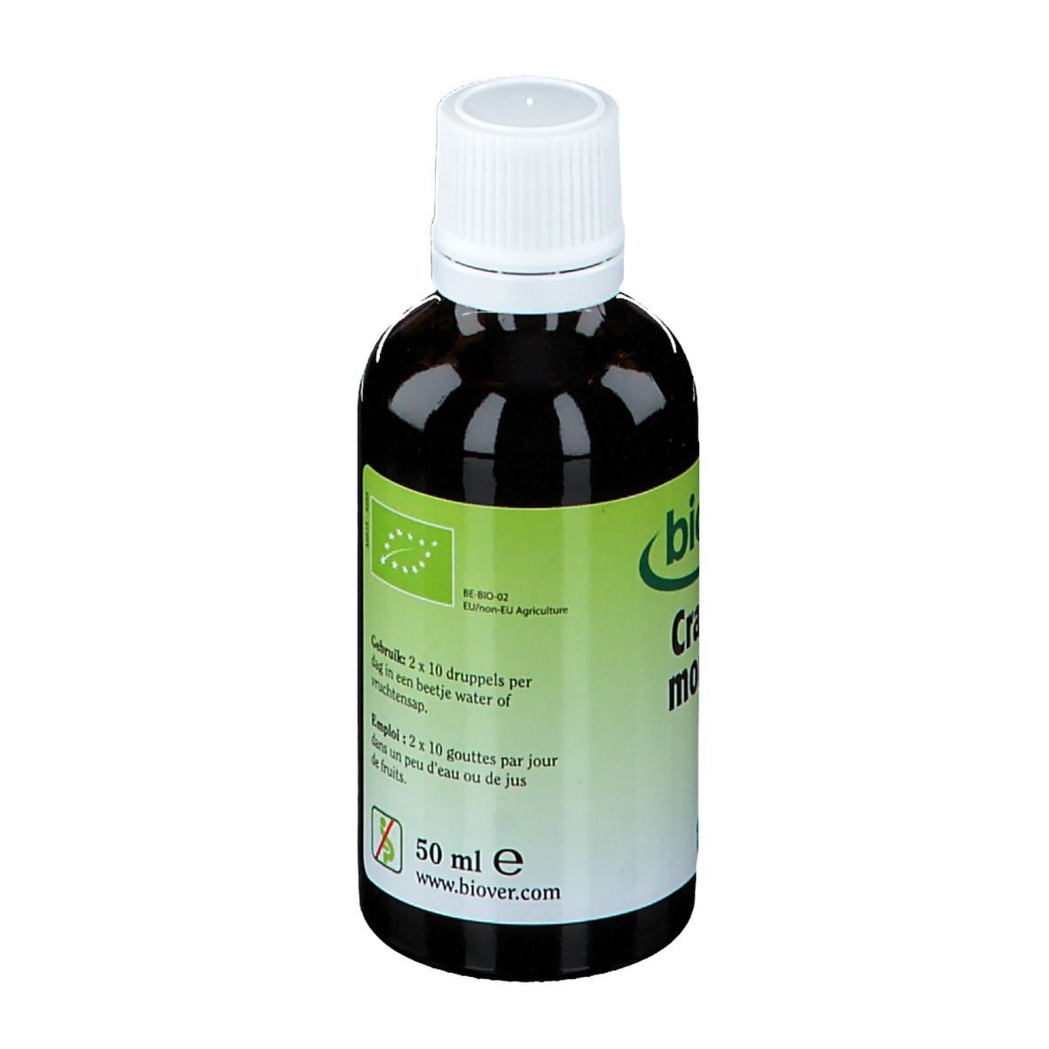 Bouteille de liquide brun avec bouchon blanc. Inscription : Biover Crataegus monogyna. Avec certification bio.